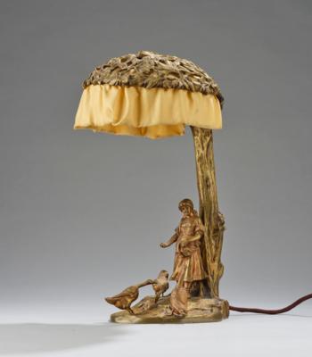 A table lamp made of bronze with a stylised tree, a goose girl, and an owl on the reverse, c. 1900/1920 - Secese a umění 20. století