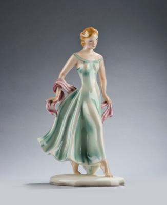 Claire Weiss (aka Klára Herczeg), figurine "Ivette" (a young lady standing in a long dress and shawl), model number 8205, designed in 1937/38, executed by Wiener Manufaktur Friedrich Goldscheider, by c. 1941 - Jugendstil and 20th Century Arts and Crafts