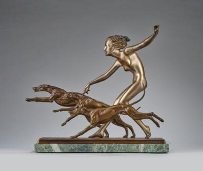 Josef Lorenzl (Wien, 1872-1950), Bronzegruppe: Frauenfigur mit drei Hunden, Wien, um 1930 - Kleinode des Jugendstils und angewandte Kunst des 20. Jahrhunderts
