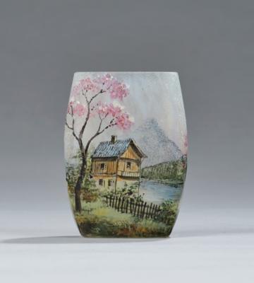 A miniature vase with a house before a lake and mountain landscape, Lamartine, Algierum, c. 1907/20 - Jugendstil e arte applicata del XX secolo
