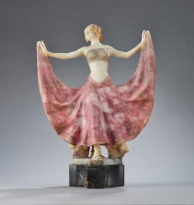 Rosé (pseudonym, probably Stanislaus Czapek), “Ruth” (female dancer on a trefoil base with two rose baskets), designed in around 1911/12, executed by Wiener Manufaktur Friedrich Goldscheider, by c. 1913 - Jugendstil e arte applicata del XX secolo