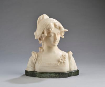 An alabaster bust of a female figure with hat, c. 1900 - Jugendstil e arte applicata del XX secolo