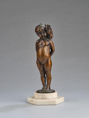 A bronze figure of a girl standing with a cat on her shoulder, c. 1930 - Secese a umění 20. století