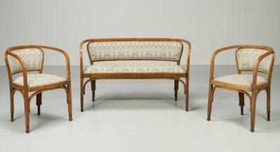 A three-piece seating group: a settee, model number 6217, and two armchairs, model number 6517, design attributed to Marcel Kammerer, 1906, added to the catalogue (supplement)in 1907, executed by Gebrüder Thonet, Vienna - Jugendstil e arte applicata del XX secolo