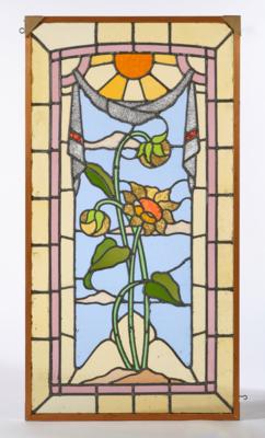 A large rectangular stained glass window or glass door with flower decor under the sun, c. 1900/1920 - Jugendstil and 20th Century Arts and Crafts