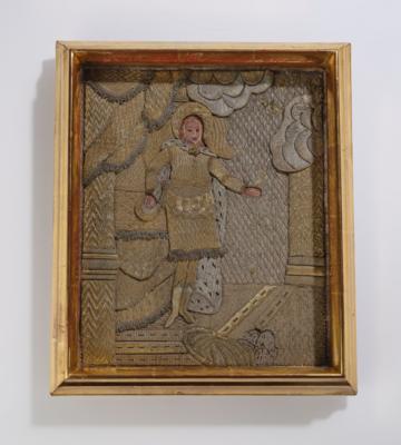 A frame with a silver and gold thread embroidery: depiction of a female figure, frame probably by Max Welz, Vienna - Jugendstil e arte applicata del XX secolo