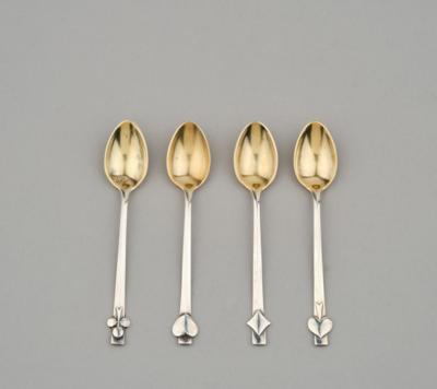 Four mocha spoons made of 830 silver with card game motifs, Koch & Bergfeld, Bremen - Secese a umění 20. století