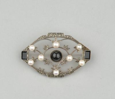 A brooch made of 935 silver with marcasites, onyx, pearls and rock crystal, Theodor Fahrner, Pforzheim, c. 1925 - Jugendstil and 20th Century Arts and Crafts