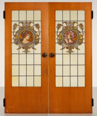 A pair of doors with stained glass windows with painted female tondi in profile, surrounded by volutes, vegetal and floral motifs, c. 1900/1920 - Secese a umění 20. století