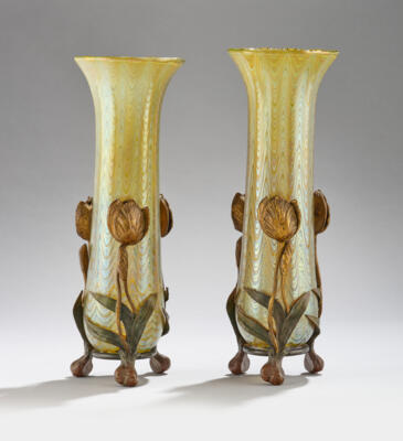 A pair of vases with bronze mount in the form of tulips, Johann Lötz Witwe, Klostermühle, for E. Bakalowits Söhne, Vienna, 1899 - Jugendstil and 20th Century Arts and Crafts