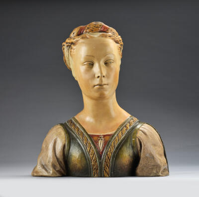 Haniroff (pseudonym), a bust of a girl in Renaissance style, probably Princess Borghese, model number 3520, designed in around 1906/07, executed by Wiener Manufaktur Friedrich Goldscheider, by c. 1922 - Secese a umění 20. století