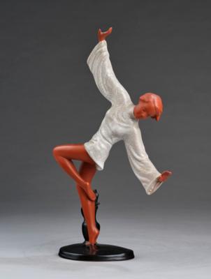 Josef Lorenzl, a figurine “Klassischer Tanz”/”Bewegung” (female dancer posing on one leg, her arms outstretched, on an oval pedestal), model number 8654 F, designed in around 1940, executed by Goldscheider - Secese a umění 20. století