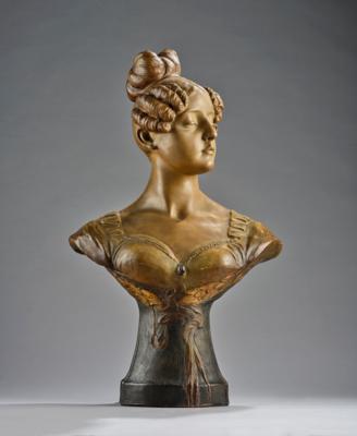 "Simon" (a pseudonym used by Goldscheider), a female bust with knotted hair, model number 2864, executed by Wiener Manufaktur Friedrich Goldscheider, by c. 1920 - Jugendstil and 20th Century Arts and Crafts