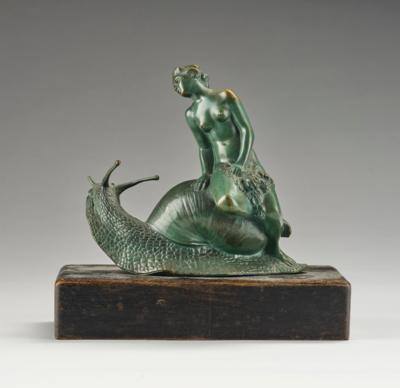 A bronze group: female nude with flowers riding a snail, c. 1920 - Secese a umění 20. století