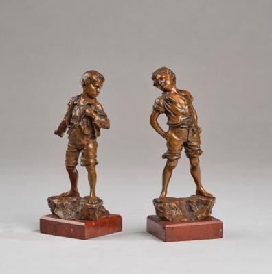 Carl Kauba (Vienna 1865-1922), a pair of bronze boys, Vienna, c. 1900 - Jugendstil e arte applicata del 20 secolo