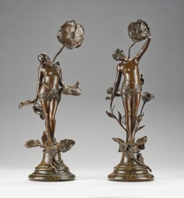 Franz Rosse (Deutschland, 1858-1900), zwei Bronzefiguren: Nymphen mit Blüten umrahmt, 1890 - Kleinode des Jugendstils & Angewandte Kunst des 20. Jahrhunderts