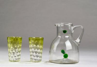 A handled jug with green spots and two water glasses, in the manner of Koloman Moser, the glasses commissioned by E. Bakalowits Söhne, Vienna, c. 1900 - Jugendstil e arte applicata del 20 secolo
