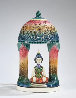 Johann Gult, a table lamp in the Asian style with seated figurine in a temple, model number 5250, Wiener Manufaktur Friedrich Goldscheider, by c. 1941 - Jugendstil and 20th Century Arts and Crafts