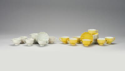Josef Hoffmann, elements from a melon-shaped mocha service: six cups and four saucers in white, seven cups and eight saucers in yellow, pattern number of the yellow elements: 5492, - Secese a umění 20. století