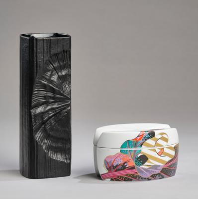 Martin Freyer, a vase from the Op-Art-Studio line, and a lidded box with calla decoration, form by J. V. D. Vaart, decoration by Brigitte Doege, Rosenthal - Secese a umění 20. století