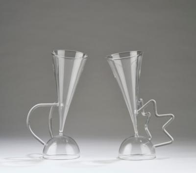 Matteo Thun, two different, varying champagne and wine glasses with round and serrated handles, J. & L. Lobmeyr, Vienna - Secese a umění 20. století