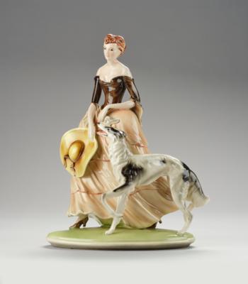 Rudolf Chocholka, a lady with a greyhound, model number 2541, Keramos, Vienna, as of c. 1950 - Jugendstil and 20th Century Arts and Crafts