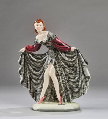 Stephan Dakon, a figurine “Jolanthe” (female dancer, holding her dress open) on an oval base, model number 8440, designed in c. 1939, executed by Wiener Manufaktur Friedrich Goldscheider, by c. 1941 - Secese a umění 20. století