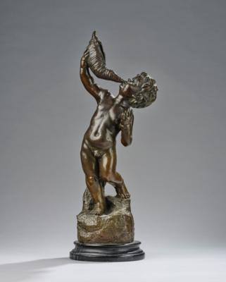 Bronzeobjekt: Knabe aus einem muschelförmigen Füllhorn trinkend, Entwurf: um 1920/30 - Kleinode des Jugendstils & Angewandte Kunst des 20. Jahrhunderts