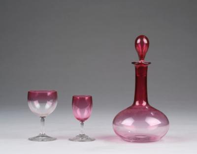 A carafe with stopper, six wine glasses and six liqueur glasses, in the manner of Koloman Moser, designed in around 1900 - Jugendstil and 20th Century Arts and Crafts