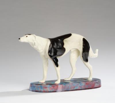Latour, (Louis-Marie-Blaise?), a standing greyhound, model number 4187, designed in around 1911/12, executed by Wiener Manufaktur Friedrich Goldscheider, by c. 1941 - Jugendstil and 20th Century Arts and Crafts