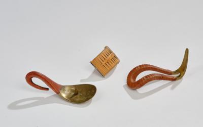 A pipe stand, model number 3166, corkscrew with raffia, model number 3414, candleholder with handle, model number 3433, Carl Auböck, Vienna, c. 1960 - Jugendstil and 20th Century Arts and Crafts