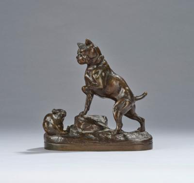Prosper Lecourtier (1851-1925), Bronzeobjekt eines Hundes mit einer Katze - Kleinode des Jugendstils & Angewandte Kunst des 20. Jahrhunderts