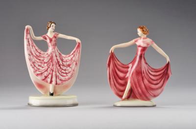 Stephan Dakon, a ‘Nora’ figurine, model number 7290 F and a ‘Susette’ figurine (dancer Lilian Harvey, striding sideways), model number 8320 F, designed in around 1935 and 1938, executed by Wiener Manufaktur Friedrich Goldscheider, by c. 1941 - Secese a umění 20. století