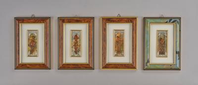 Four framed motifs after the cycle ‘Les heures du Jour’ (the four times of the day, 1899) by Alphonse Mucha: Éveil du matin, Éclat du jour, Réverie du soir, Repos de la nuit, modern execution - Secese a umění 20. století