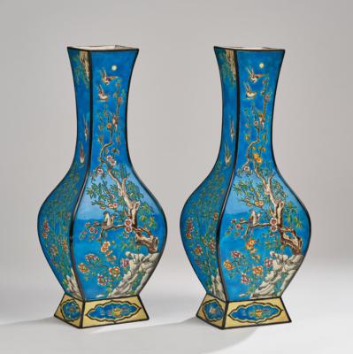 Two tall vases in a Japanese style with tree motifs, blooming branches, birds and wild animals, model number D 353, Longwy, France, c. 1925 - Secese a umění 20. století