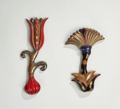 Two wall objects in tulip and fan shape, designed by Marta Nagy, model number 10222 and 10223, Zsolnay, Pécs, c. 1987 - Jugendstil and 20th Century Arts and Crafts