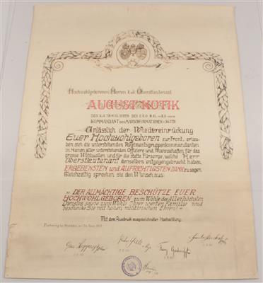 Militärische Urkunde, - Antique Arms, Uniforms and Militaria