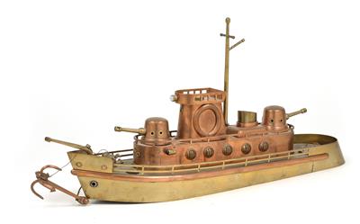 Aus Messing und Kupfer gefertigtes Modell eines Fluß-Kanonenbootes - Starožitné zbraně