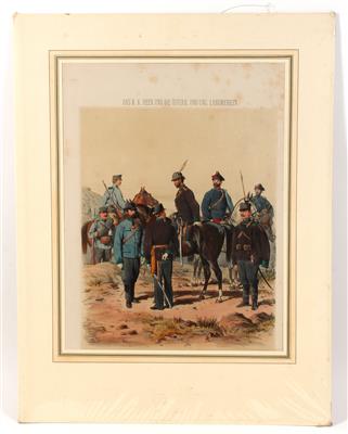 Altkolorierte Tonlithographie unter Passepartout und Klarsichtfolie, - Historische Waffen, Uniformen, Militaria