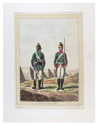 3 kolorierte Drucke, - Historische Waffen, Uniformen, Militaria