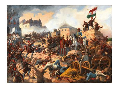 Belloni Laszlo (?) großformatiges Ölgemälde eine Kampfszene aus den Revolutionstagen 1848 in Ungarn darstellend, - Historische Waffen, Uniformen, Militaria