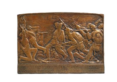 Massives Bronzerelief, darstellend eine Gefechtsszene, - Historische Waffen, Uniformen, Militaria