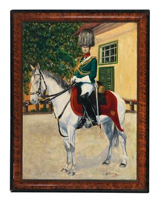 Ölbild auf Karton, 'Garde-Reiter zu Pferd', - Historische Waffen, Uniformen, Militaria