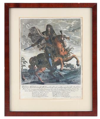 Kolorierter Stich darstellend Kaiser Leopold I (1640-1705) auf einem Pferd mit umfangreicher Legende, - Starožitné zbraně