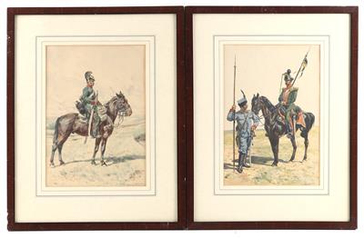 Konvolut von 4 Lithographien - Historische Waffen, Uniformen, Militaria