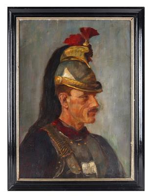 Ölbild eines französischen Kürassiers mit Helm und Kürass, - Historische Waffen, Uniformen, Militaria