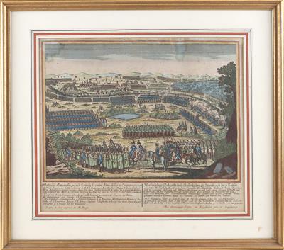 Kolorierter Stich darstellend die Schlacht bei Austerlitz 1805, nach einem Plan von Ruge, - Historische Waffen, Uniformen, Militaria
