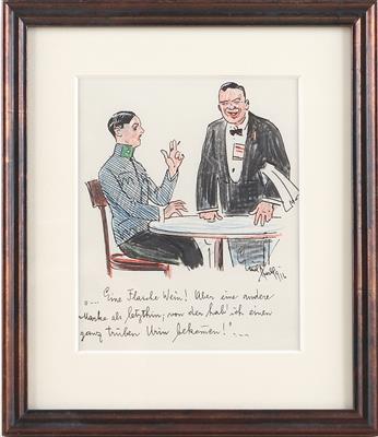 Emil Hübl (1890-1969) Feder mit Buntstift, Karikatur eines k. k. Landwehroffiziers im Gasthaus, - Starožitné zbraně