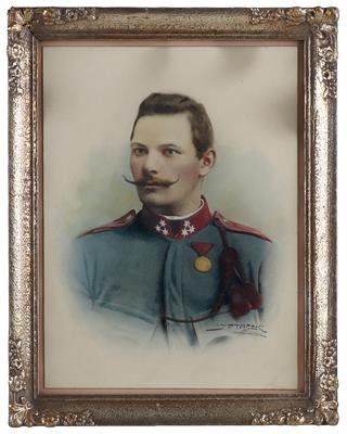 Gemälde in Mischtechnik eines k. u. k. Zugsführers in der hechtgrauen Bluse M1908, - Armi d'epoca, uniformi e militaria