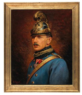 Ölgemälde, darstellend den k. u. k. Dragoner-Oberleutnant Rudolf Pokorny - Historische Waffen, Uniformen, Militaria